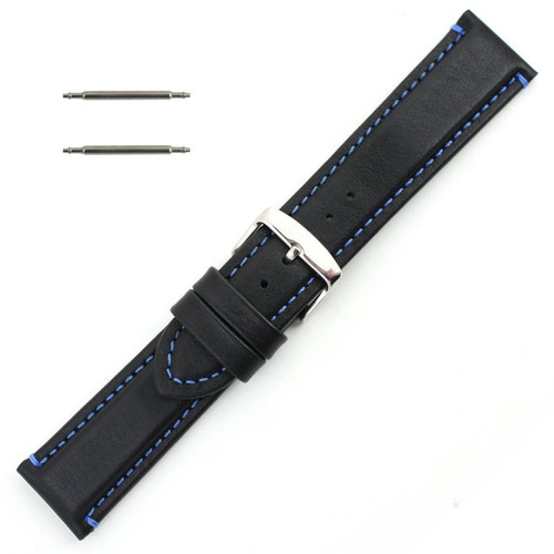 Waterproof Leather Watch Band 24mm Black With Blue Stitching 7 7/16 Inch Length