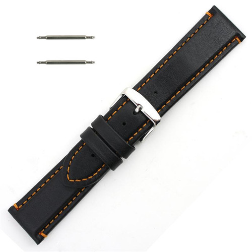Waterproof Leather Watch Band 22mm Black With Orange Stitching 7 7/16 Inch Length