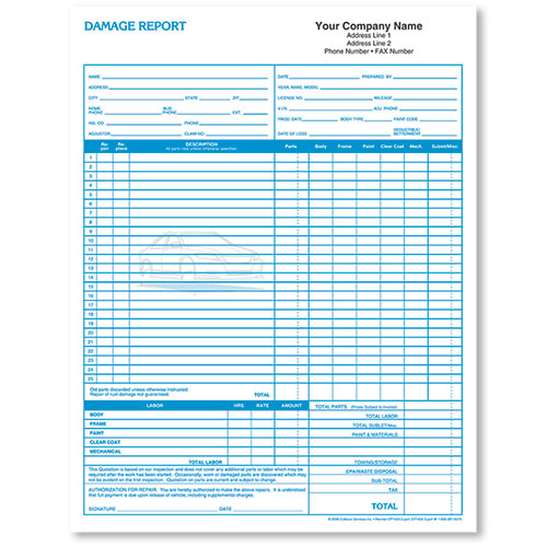 Basic Auto Repair Estimate Forms - Damage Report, 2-Part, 2-Color - Pack 250