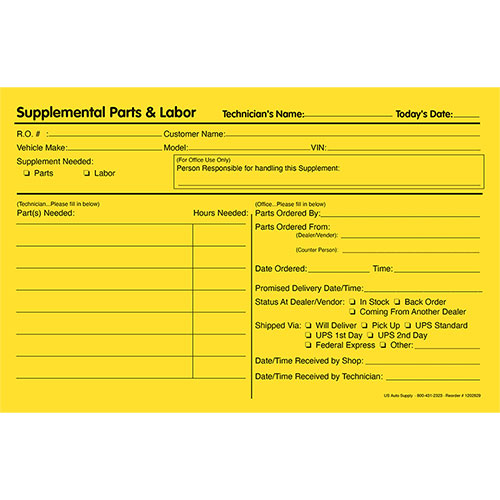 In-House Supplement Parts Form - Yellow