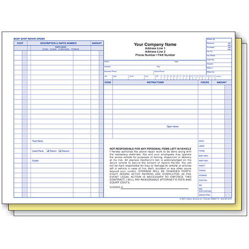 Auto Body Repair Order, 3-Part, 2-Sided - 11" x 8½" - Pack 250