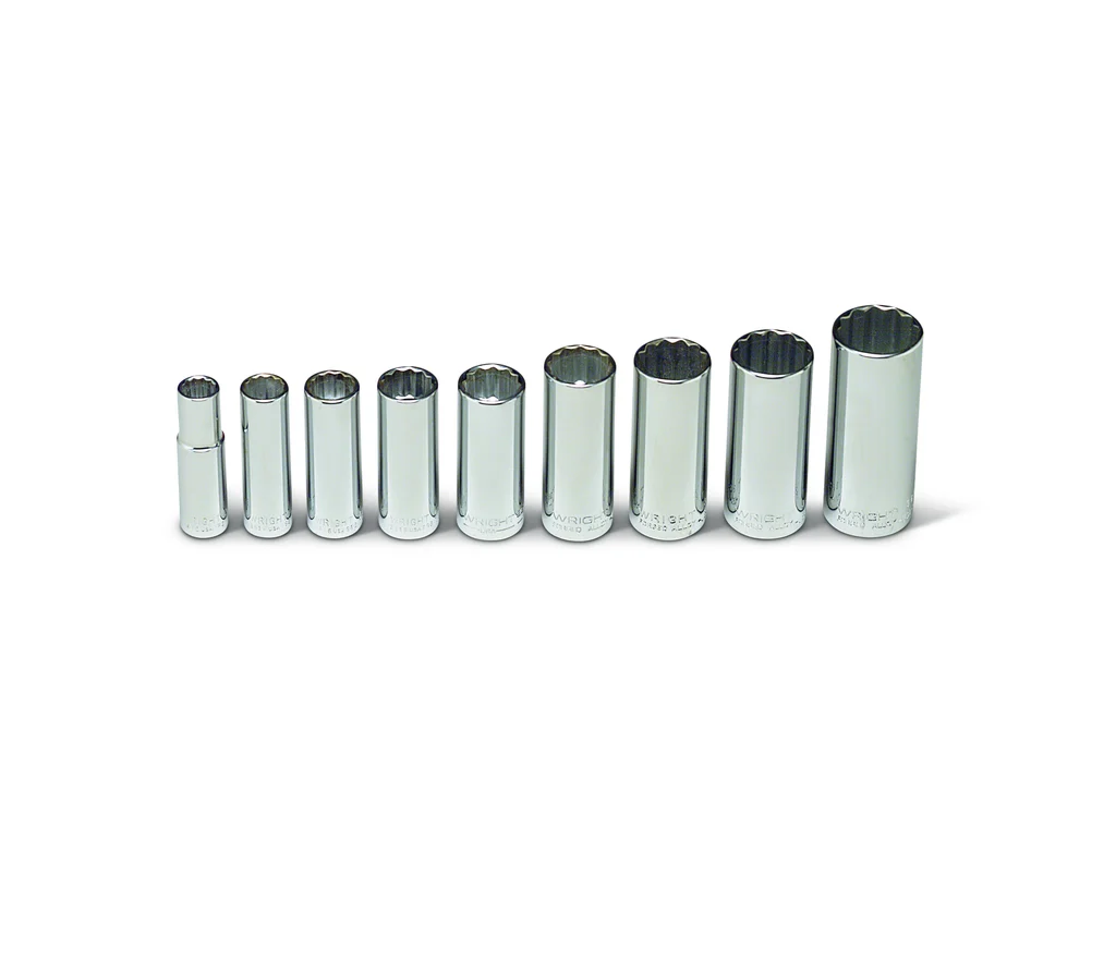 3/8″ Drive 9 Piece Set – 12 Point Deep Sockets, 3/8″ – 7/8″