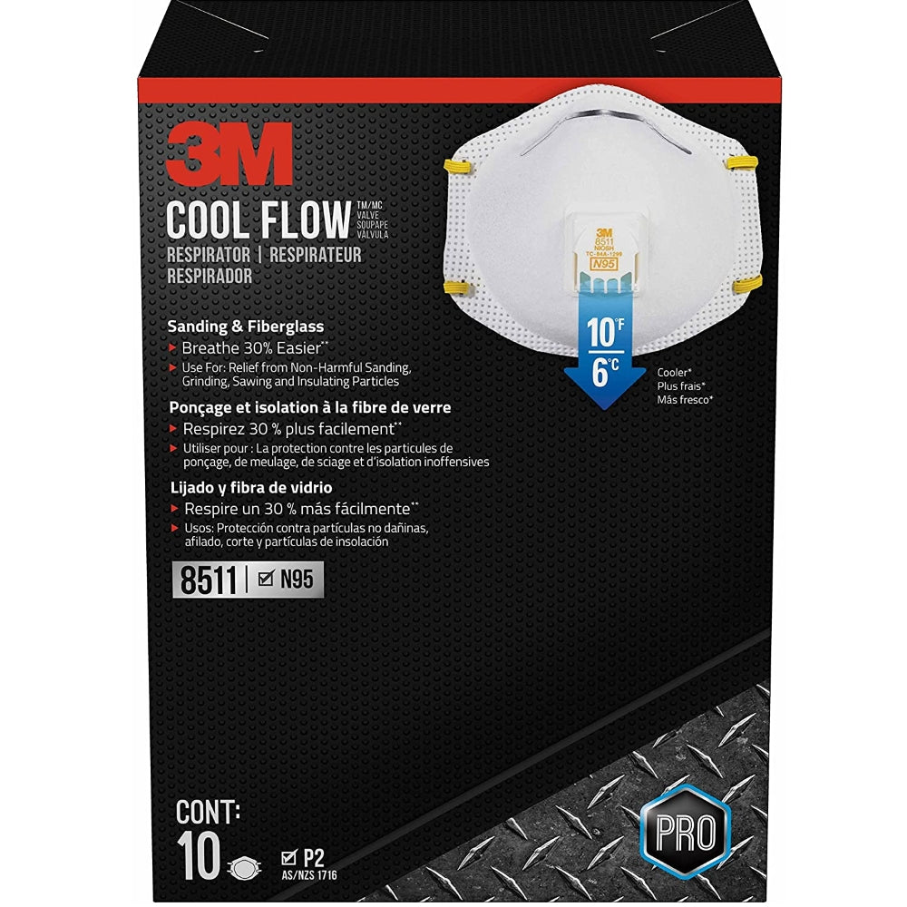 3M 8511 N95 Particulate Sanding Respirators with Cool Flow Valve- Pro Series- Box of 10