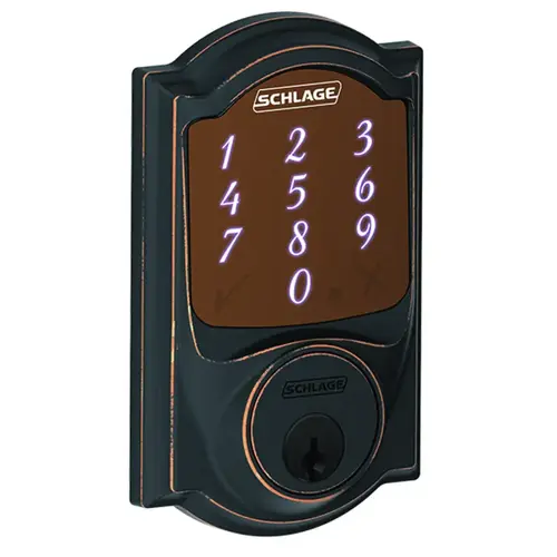 Schlage BE479AA V CAM 716Click To CopySense Smart Camelot Touchpad Deadbolt Works with Apple HomeKit with 12344 Latch and 10116 Strike Aged Bronze Finish