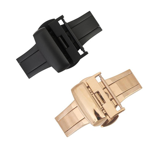 Watch Band Clasp Push Button Deployant Buckle For Leather Bands Black Or Rose Gold Colored
