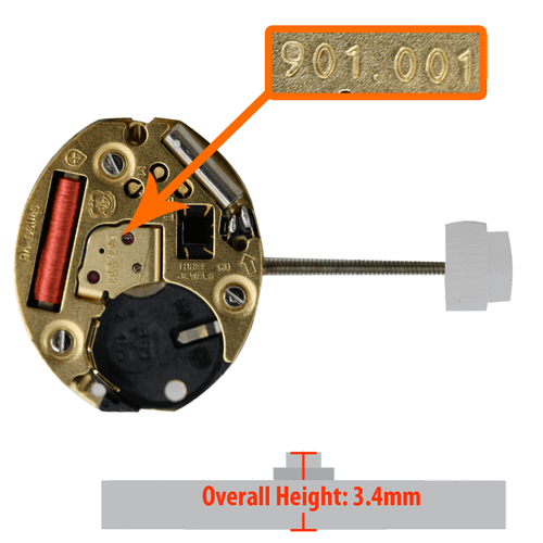 ETA 2 Hand Quartz Watch Movement 901.001 Standard Overall Height 3.4mm