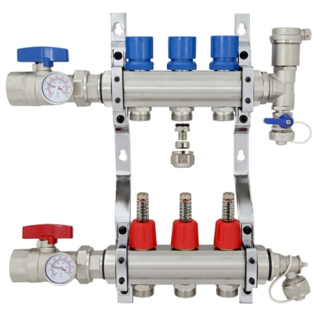 3-branch Brass Radiant Heat Manifold Set w/ 1/2" PEX adapters
