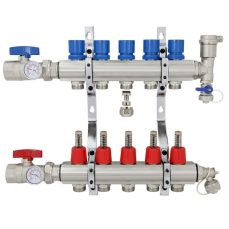 5-branch Brass Radiant Heat Manifold Set w/ 1/2" PEX adapters