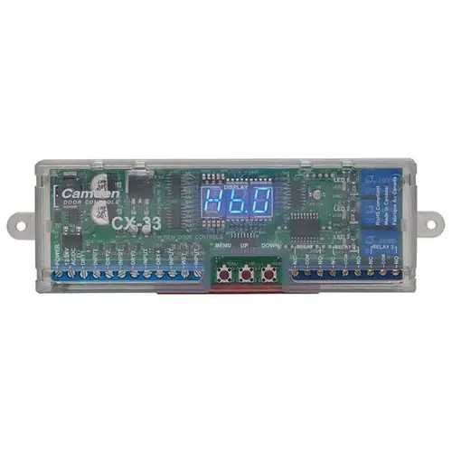 Camden Door Controls CX-33Click To CopyAdvanced Logic Relay, 14 Operating Modes with Sub-Modes, Large 3 Segment (Blue) LED Display, Selectable Time Delays, Large Terminal Strips Allow Larger Wire Guage, 12/24 VAC/DC Operation