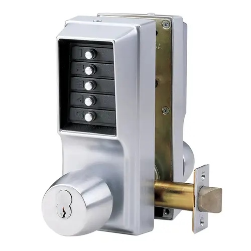 Simplex EE1021SEE102126DClick To CopyBack to Back Mechanical Pushbutton Lock, Cylindrical with Knob and Double Key Override, Entry Egress with 2-3/4" Backset and Schlage Prep Satin Chrome Finish
