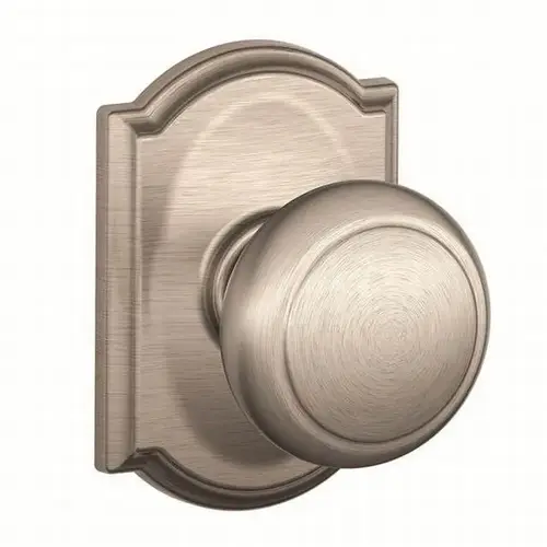 Schlage Residential F10 AND 619 CAMClick To CopyAndover Knob with Camelot Rose Passage Lock with 16080 Latch and 10027 Strike Satin Nickel Finish