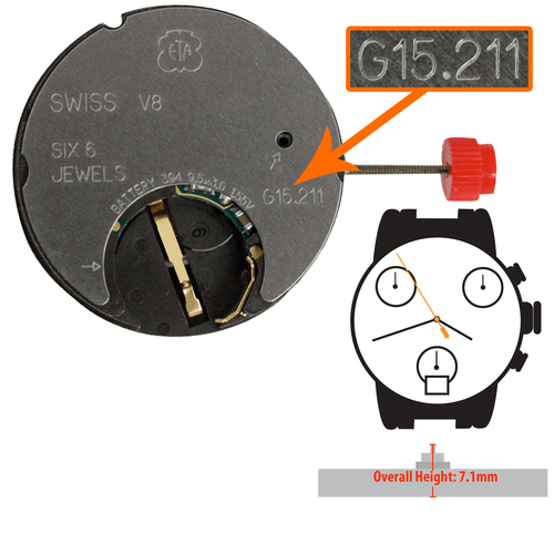 ETA Chrono Watch Movement G15.211-6 Quartz Movement Overall Height 7.1mm