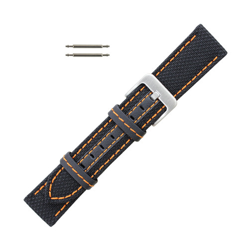 Hadley Roma Anti-Ballistic Material Watch Strap 22mm Black With Orange Stitching 7 3/4 Inch Length