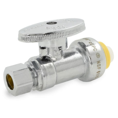 1/2" Push-to-Connect x 3/8" OD Compr. Straight Stop Valve (1/4-Turn), Lead-Free