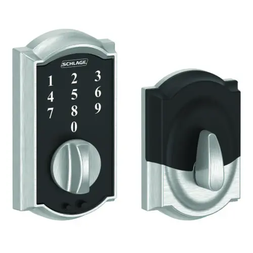 Schlage Residential BE375 CAM 626Click To CopyBE375CAM626 12-321 10-116 Camelot Touch Keyless Deadbolt - Satin Chrome