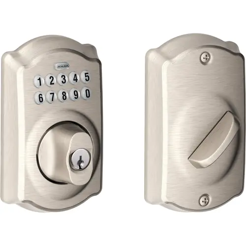 Schlage Residential BE365 CAM 619Click To CopyBE365CAM619 12-321 10-116 KD Camelot Keypad Deadbolt - Satin Nickel