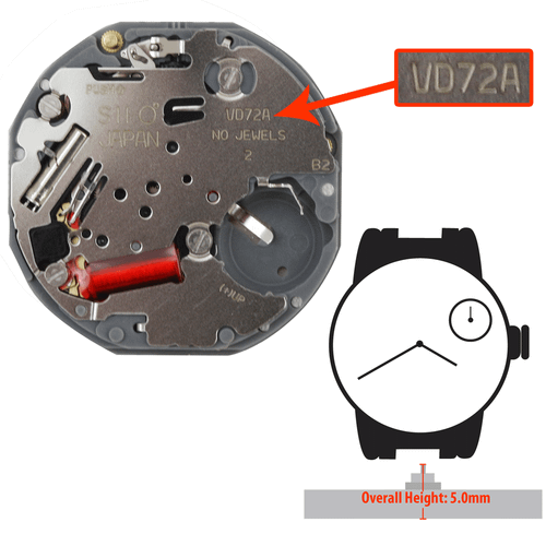 Hattori Japan 2 Hand Watch Movement VD72 Quartz Movement Overall Height 5.0mm