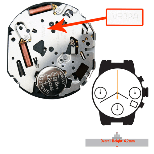 Epson Japan Quartz Chronograph Watch Movement VR32 Date At 4:30 Overall Height 6.2mm