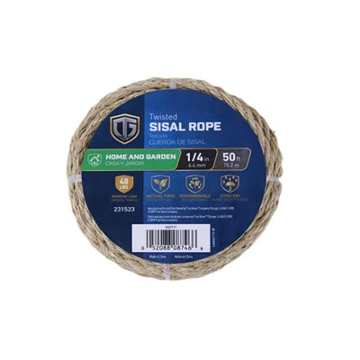 Durable 1/4" Natural Sisal Rope – 50 Ft Eco-friendly Twisted Fiber
