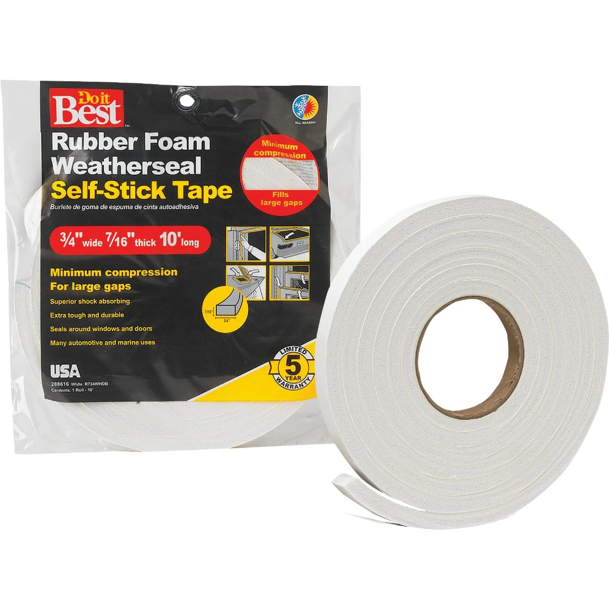 3/4" W X 7/16" T X 10' L White Foam Weatherstrip Tape R734whdb