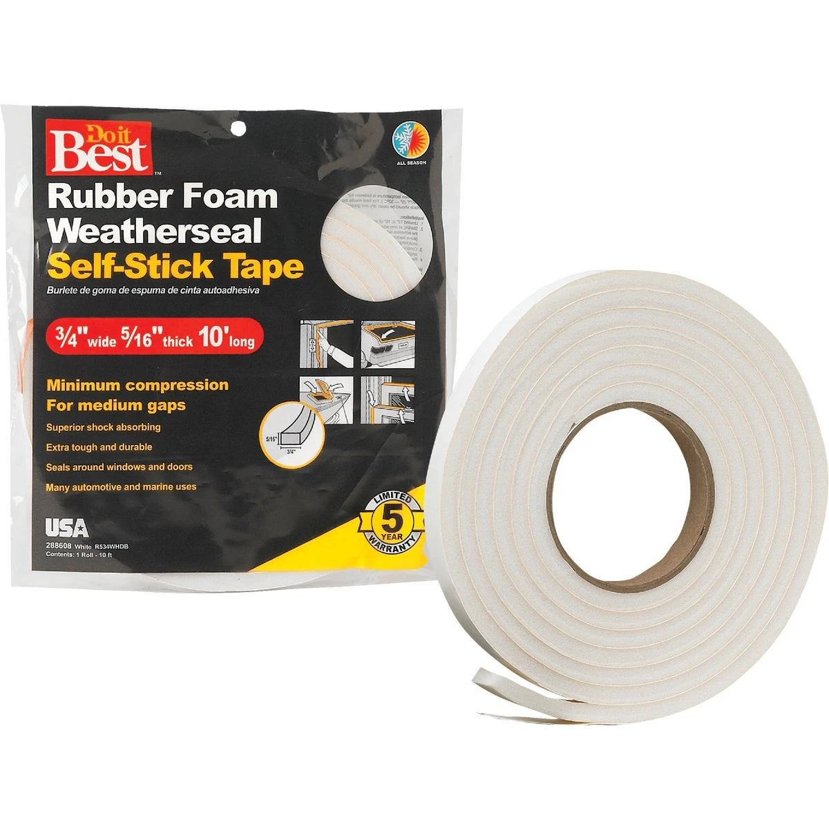 3/4" W X 5/16" T X 10' L White Foam Weatherstrip Tape R534whdb