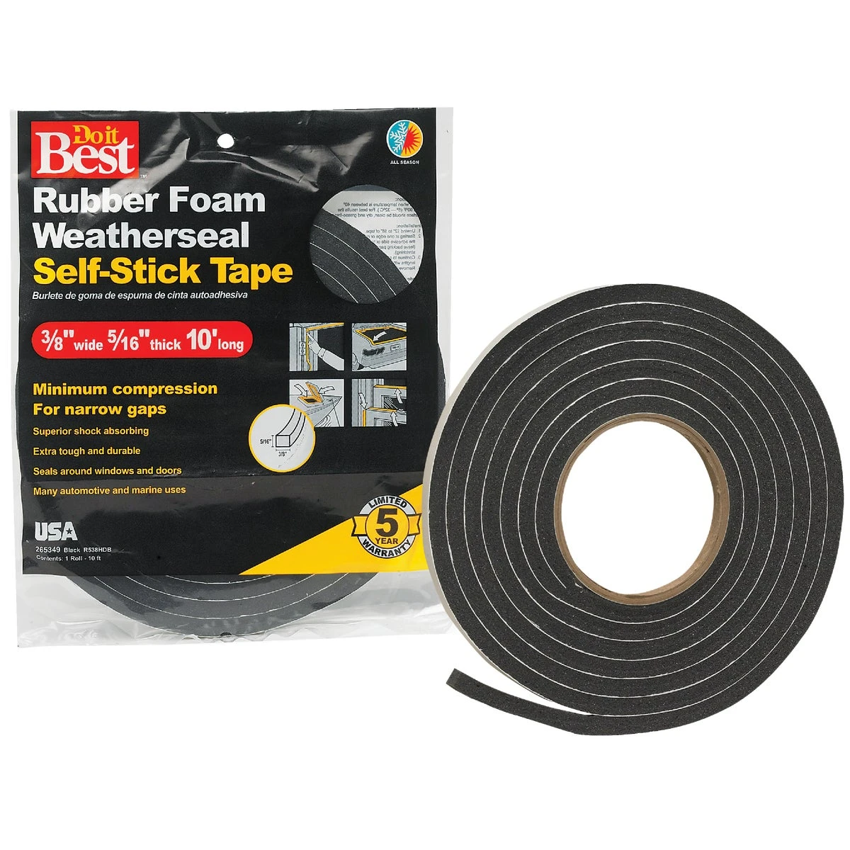 3/8" W X 5/16" T X 10' L Black Foam Weatherstrip Tape R538hdb