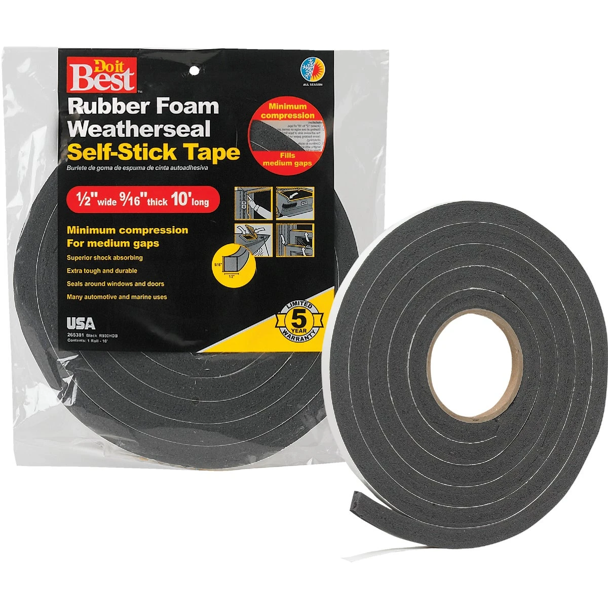 1/2" W X 9/16" T X 10' L Black Foam Weatherstrip Tape R930hdb