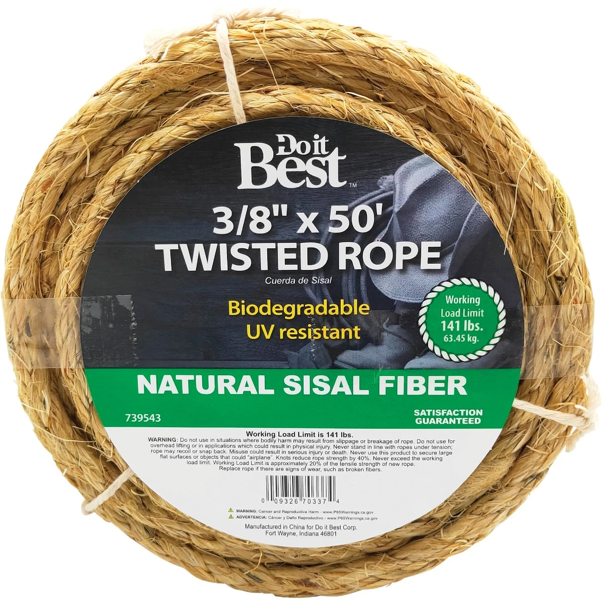 3/8 In X 50 Ft Natural Twisted Sisal Rope — Uv-resistant, Eco-friendly