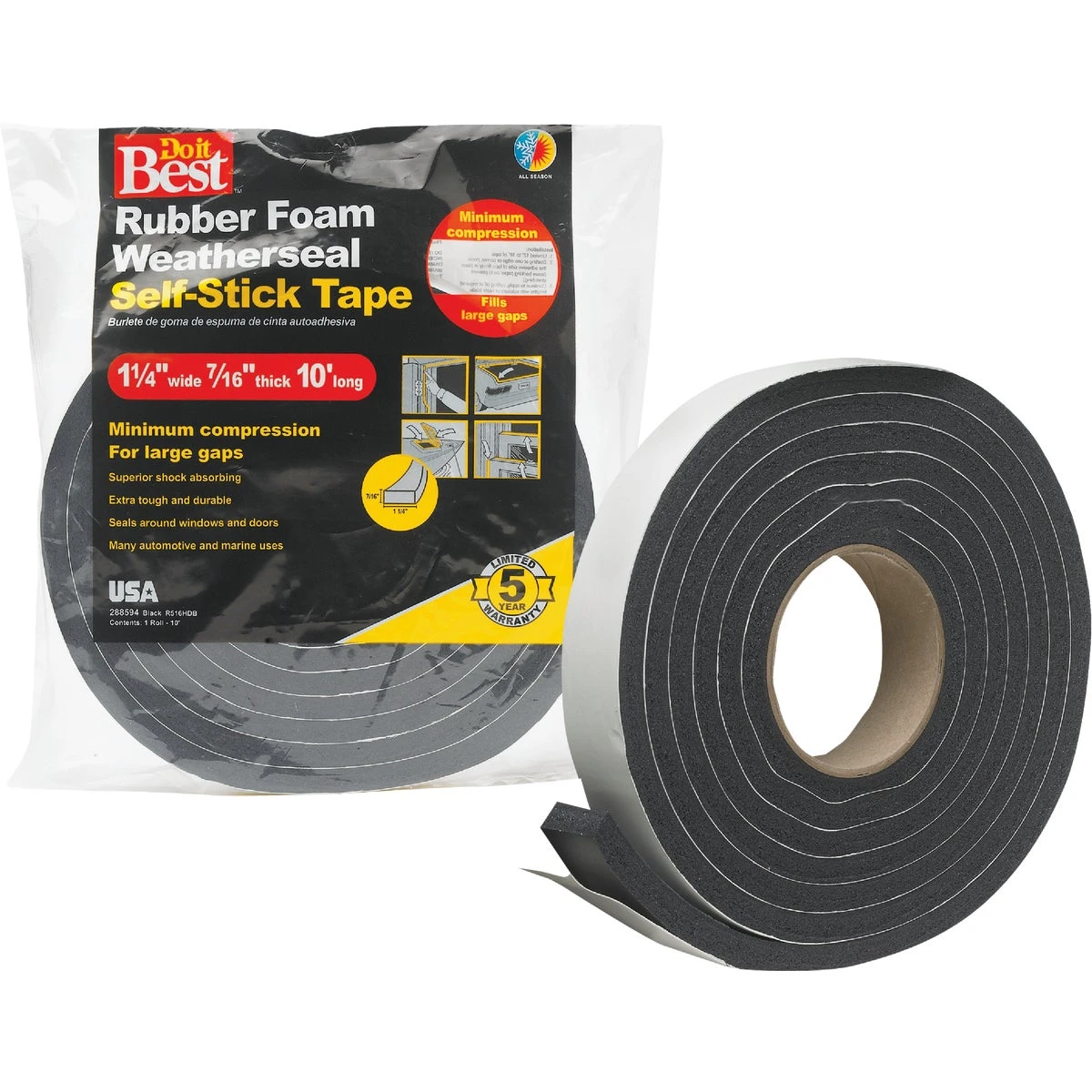 1-1/4" W X 7/16" T X 10' L Black Foam Weatherstrip Tape