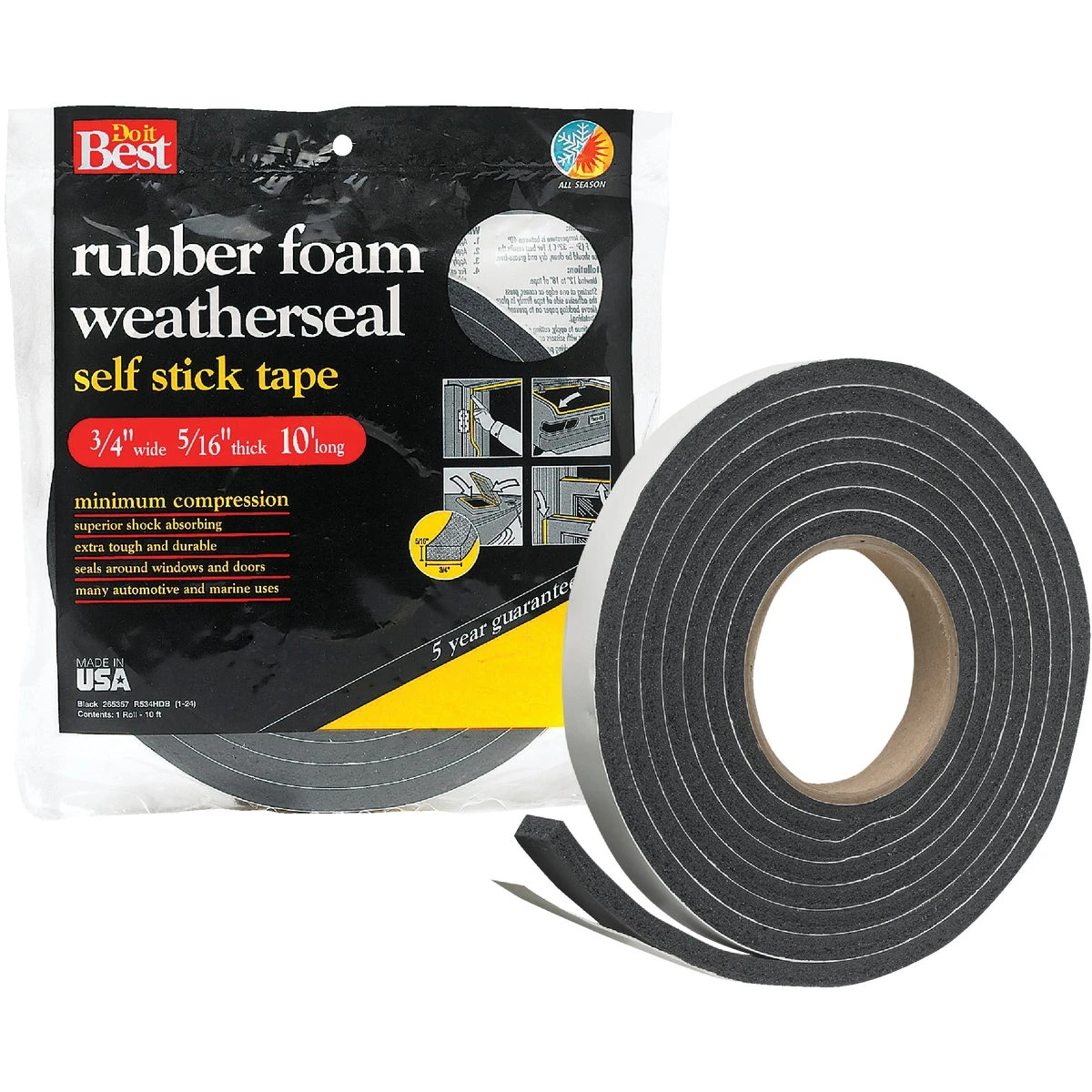3/4" W X 5/16" T X 10' L Black Foam Weatherstrip Tape R534hdb