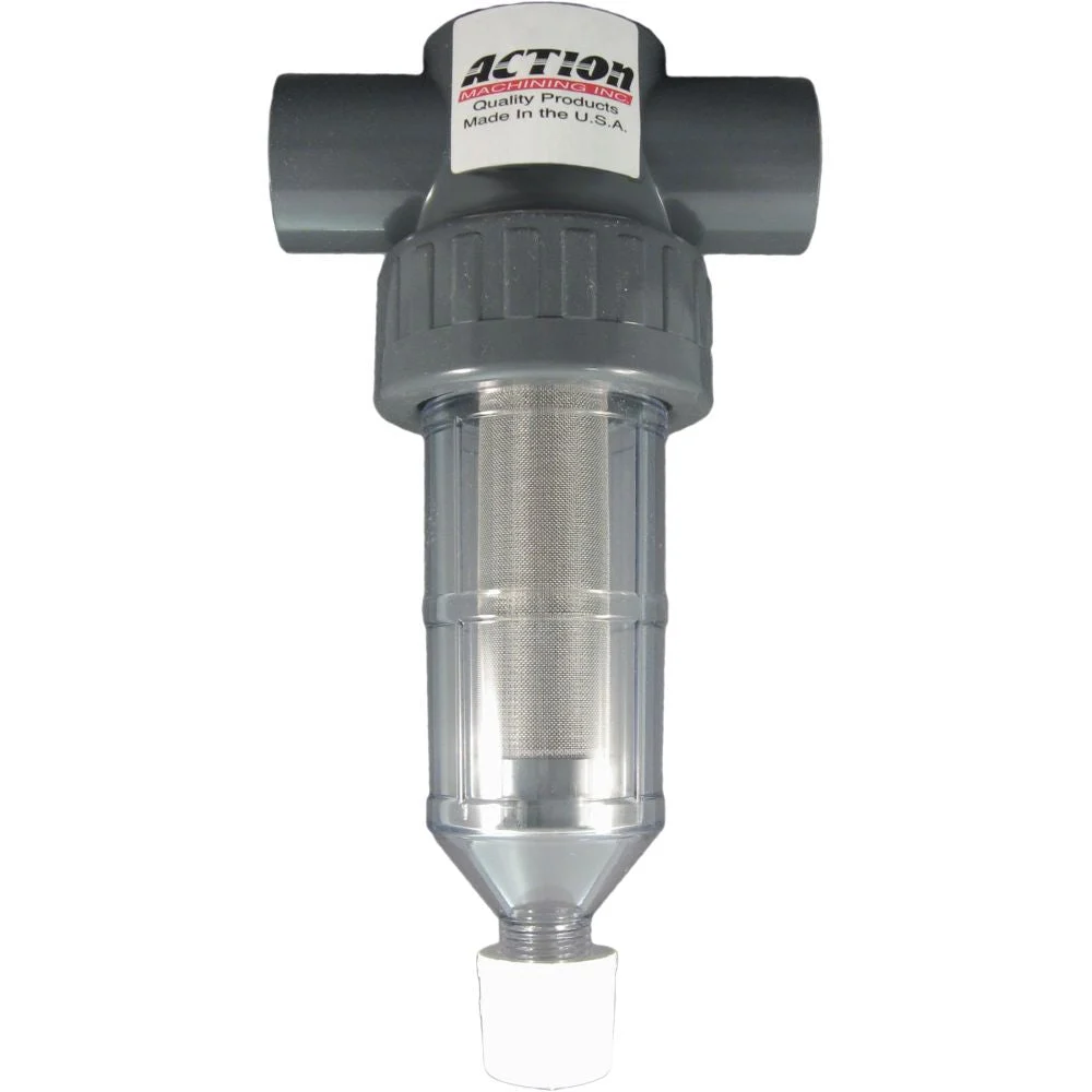 Action Machining 1-1/2″ Heavy-Duty Clear Action Filter with 32 Mesh Screen, Simple Center Flush – AFI 1.5-32