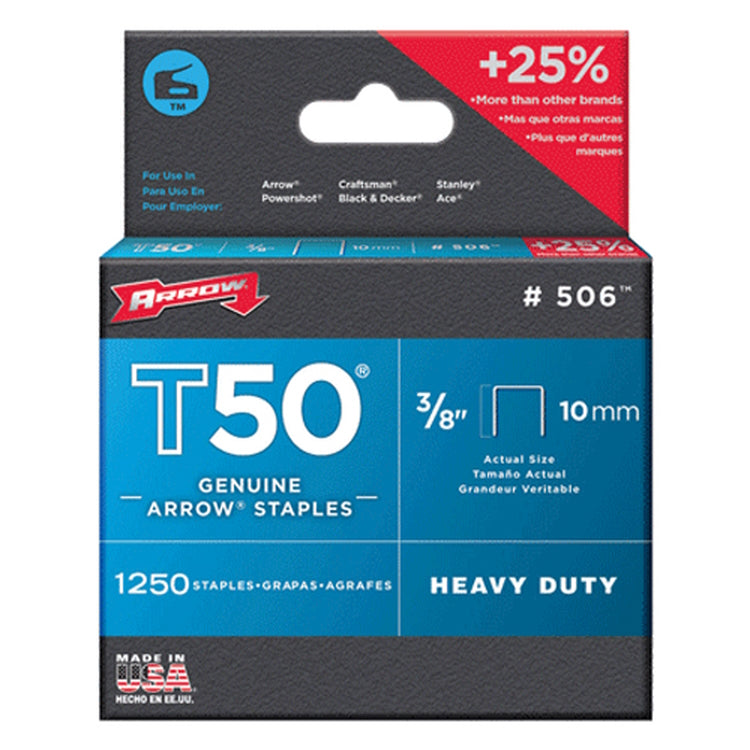 Arrow 3/8" T50 Heavy Duty Galvanized Steel Staples (1250 Pack)