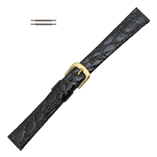 Black Leather Watch Strap 12mm Shiny Flat Croco Grain 6 3/4 Inch Length
