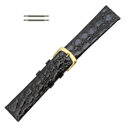 Black Leather Watch Strap 22mm Shiny Flat Croco Grain 7 3/8 Inch Length