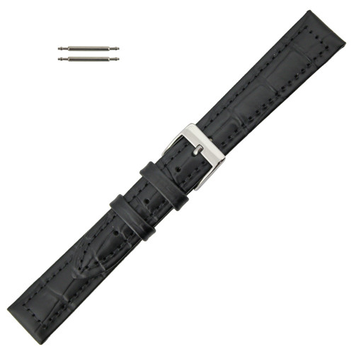 14mm Leather Watch Band Black Stitched Alligator Grain 6 7/8 Inch Length