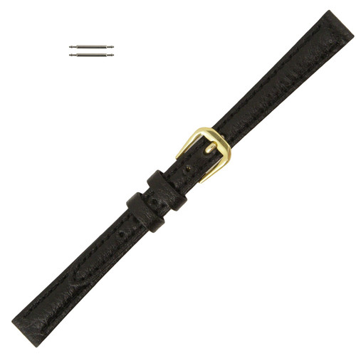 Leather Watch Strap 10mm Black Polished Calf Style 6 3/4 Inch Length