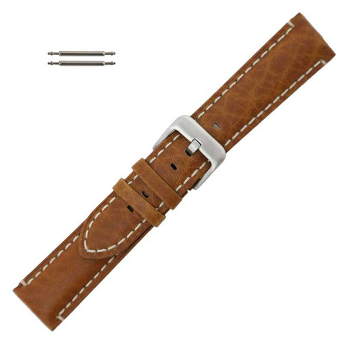 22mm Brown Camel Grain Leather Watch Band with White Stitching 7 3/8 Inch Length