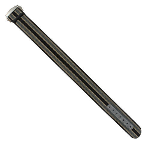 Black, Grey, Cream Stripped Ribbed Nylon Watch Band with Deployant Clasp 20mm Strap 9 14/16 Inch Length
