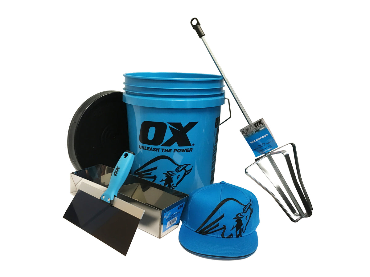 Ox Tools Pro Bucket Set: Mega Mixer, Ox Bucket, Ox Mud Pan, Ox Taping Knife, Ox Hat