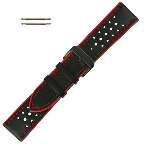 Hadley Roma Leather Watch Band Waterproof 20mm Black With Red Stitching 7 7/8 Inch Length