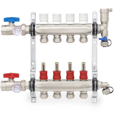 4-branch Stainless Steel Radiant Heat Manifold Set w/ 1/2" PEX adapters