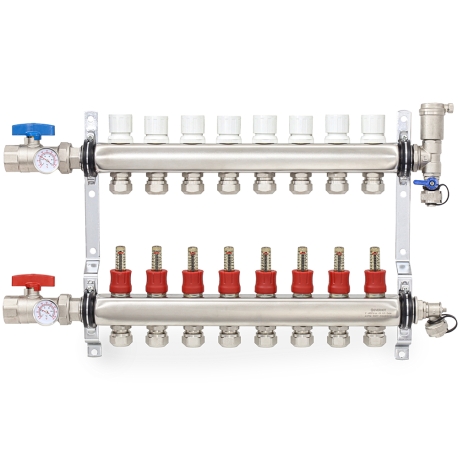 8-branch Stainless Steel Radiant Heat Manifold Set w/ 1/2" PEX adapters