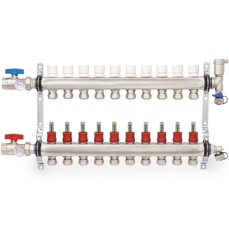 10-branch Stainless Steel Radiant Heat Manifold Set w/ 1/2" PEX adapters