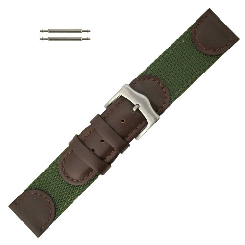 Watch Band 22mm Brown Leather Green Accented Swiss Army Style Band 7 1/2 Inch Length