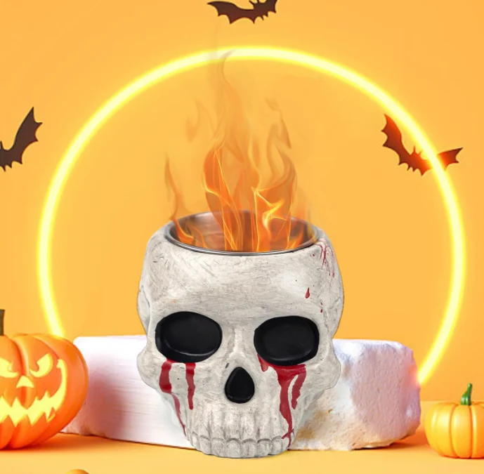 Table Top Fire Pit Bowl – Halloween Skull Alcohol Firepit Decorations Concrete Tabletop Fireplace Decor Portable Mini Smores Maker for Garden Patio